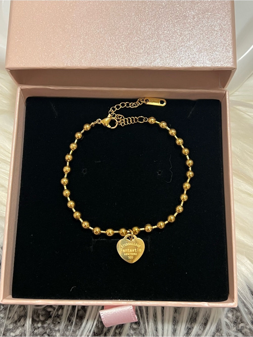 18K Gold Plated Stainless Steel Beaded Heart Charm Bracelet - NWT